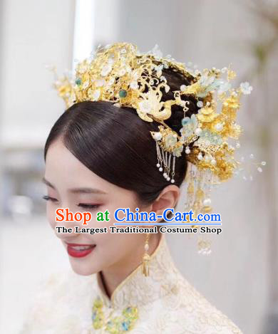 China Traditional Court Hair Accessories Ancient Bride Deluxe Golden Phoenix Coronet and Hairpins Earrings Full Set