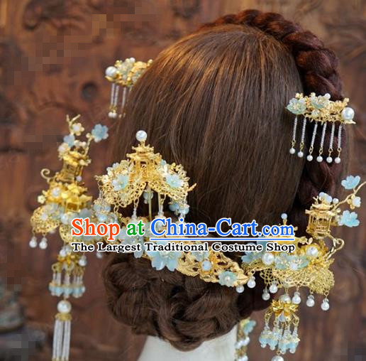 China Traditional Court Hair Accessories Ancient Bride Deluxe Golden Phoenix Coronet and Hairpins Earrings Full Set
