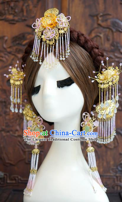 China Traditional Ancient Wedding Pink Beads Tassel Hair Crown and Hairpins Bride Hair Accessories Complete Set