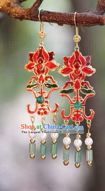 Top Grade Ancient Bride Enamel Red Lotus Earrings China Hanfu Accessories Court Jade Tassel Ear Jewelry