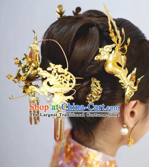 China Traditional Xiuhe Suit Golden Phoenix Hairpins Wedding Luxury Hair Accessories Ancient Bride Hair Sticks Full Set