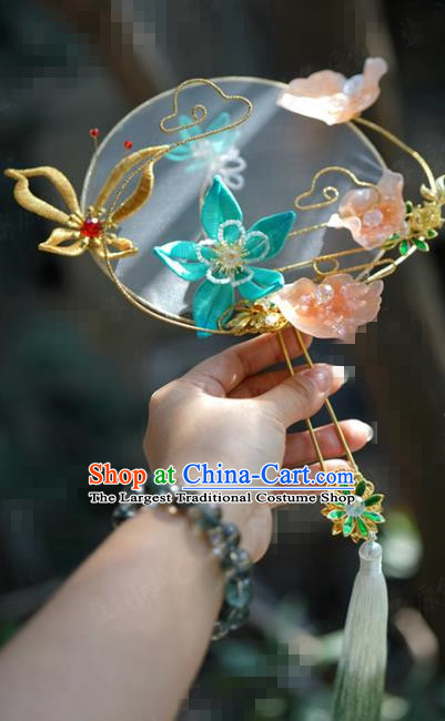 Chinese Handmade Traditional Palace Fan Ancient Wedding Bride Accessories Silk Butterfly Round Fan