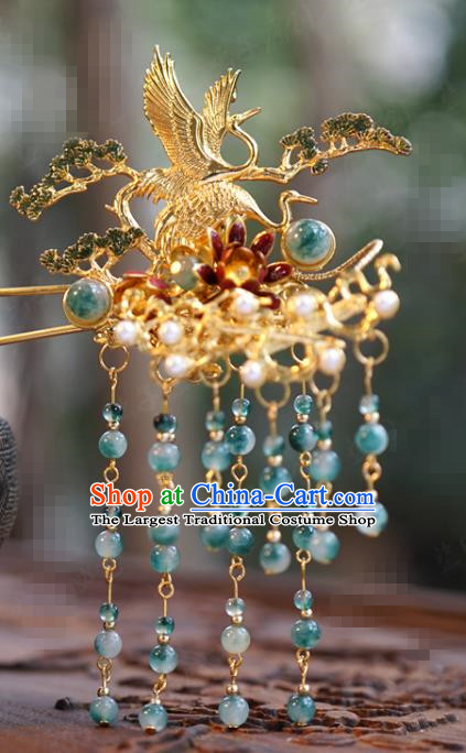 China Ancient Princess Golden Crane Pine Hair Clip Traditional Xiuhe Suit Hair Jewelry Accessories Court Green Beads Tassel Hairpin