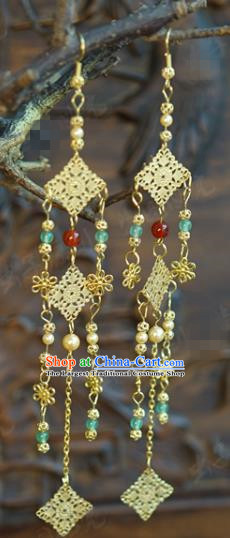 Top Grade Golden Long Tassel Earrings Traditional Accessories China Ancient Court Ear Jewelry