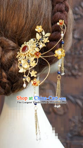 China Ancient Bride Pearls Agate Hair Clips Traditional Xiuhe Suit Hair Jewelry Accessories Qing Dynasty Palace Tassel Hairpins