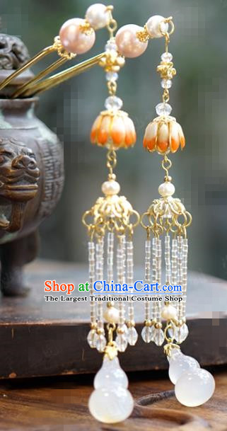 China Ancient Palace Hair Stick Traditional Xiuhe Suit Hair Jewelry Accessories Qing Dynasty White Chalcedony Gourd Tassel Hairpins