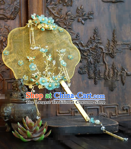 Chinese Handmade Wedding Yellow Silk Palace Fan Traditional Wedding Jewelry Accessories Ancient Bride Blue Plum Fan