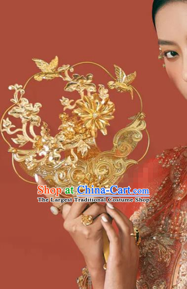 Chinese Handmade Court Golden Crane Palace Fan Ancient Wedding Prop Traditional Jewelry Accessories