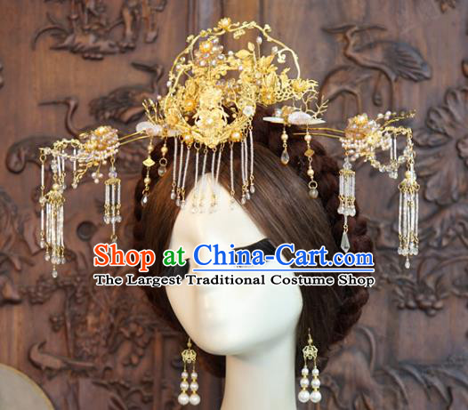 China Ancient Bride Wedding Golden Hair Accessories Traditional Xiuhe Suit Hairpins Hair Sticks Complete Set