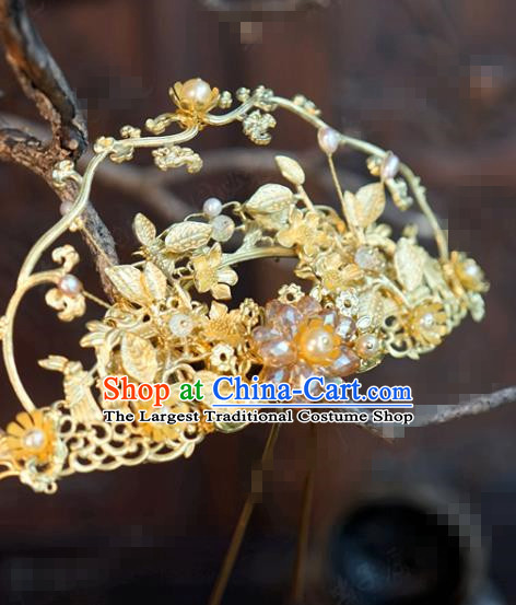 China Wedding Golden Vine Hairpin Traditional Xiuhe Suit Hair Accessories Ancient Bride Hair Comb