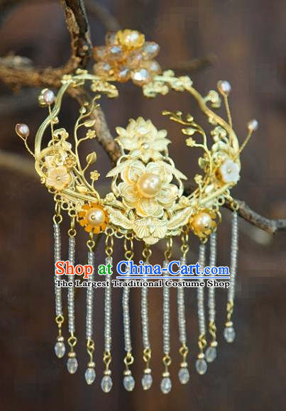 China Wedding Back Golden Plum Hair Clip Traditional Xiuhe Suit Hair Accessories Ancient Bride Beads Tassel Hairpin