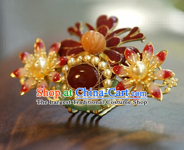 China Wedding Pearls Hairpin Jewelry Adornment Traditional Xiuhe Suit Hair Accessories Ancient Empress Agate Hair Crown