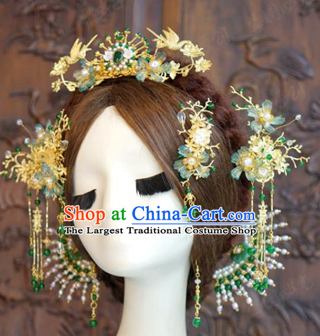 China Ancient Empress Hair Accessories Traditional Wedding Xiuhe Suit Tassel Hairpins Jade Hair Crown Complete Set