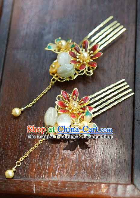 China Ancient Golden Hair Combs Traditional Xiuhe Suit Hair Jewelry Accessories Court Jade Bead Hairpins
