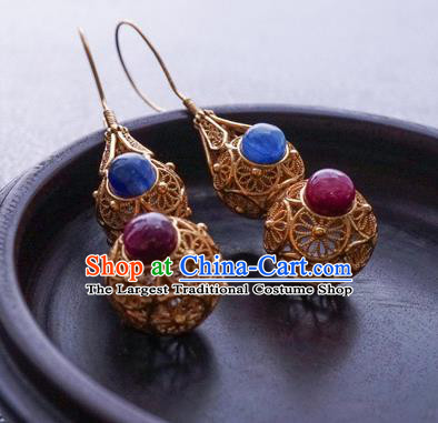 Top Grade Chinese Classical Golden Gourd Earrings Traditional Handmade Gems Ear Jewelry Ming Dynasty Accessories