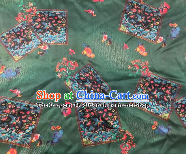 Chinese Classical Crane Bat Pattern Design Deep Green Gambiered Guangdong Gauze Fabric Asian Traditional Cheongsam Silk Material