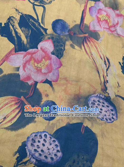 Chinese Classical Lotus Pattern Design Yellow Gambiered Guangdong Gauze Fabric Asian Traditional Cheongsam Silk Material