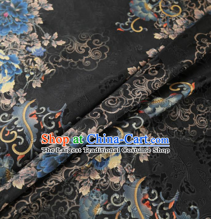 Chinese Classical Peony Pattern Design Black Mulberry Silk Fabric Asian Traditional Cheongsam Silk Material