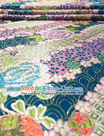 Japanese Classical Peony Pattern Design Lake Blue Brocade Fabric Asian Traditional Satin Silk Material