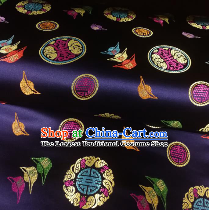 Chinese Royal Ingot Pattern Design Navy Brocade Fabric Asian Traditional Satin Silk Material