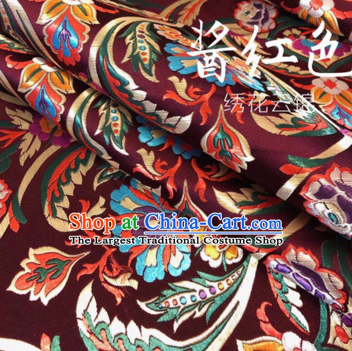 Chinese Classical Embroidered Pattern Design Purplish Red Nanjing Brocade Fabric Asian Traditional Satin Silk Material