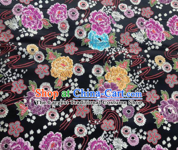 Chinese Classical Peony Plum Pattern Design Black Brocade Fabric Asian Traditional Satin Silk Material