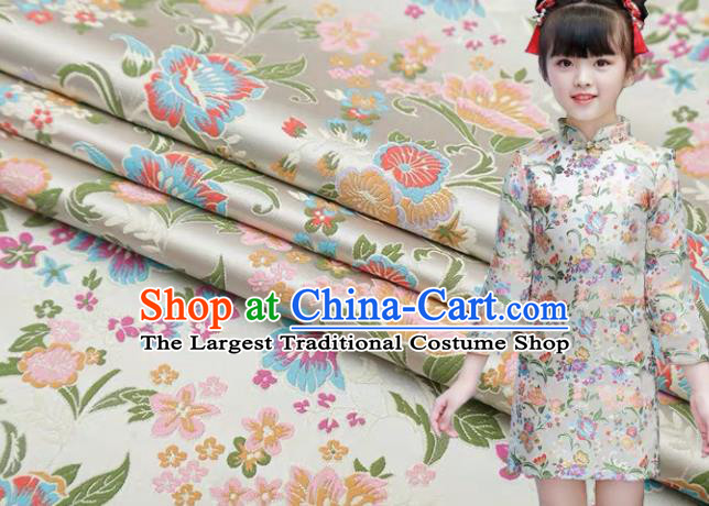 Chinese Classical Flourish Flowers Pattern Design White Brocade Fabric Asian Traditional Satin Silk Material