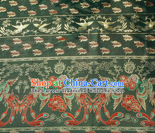 Chinese Royal Phoenix Peony Pattern Design Dark Green Brocade Fabric Asian Traditional Horse Face Skirt Satin Silk Material