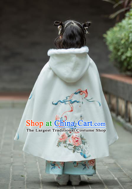 Chinese Traditional Girls Embroidered Peony White Cloak Costumes Ancient Ming Dynasty Princess Costume for Kids