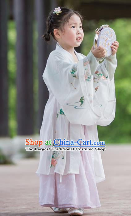 Chinese Traditional Girls Embroidered White Cape and Pink Skirt Ancient Song Dynasty Princess Costume for Kids