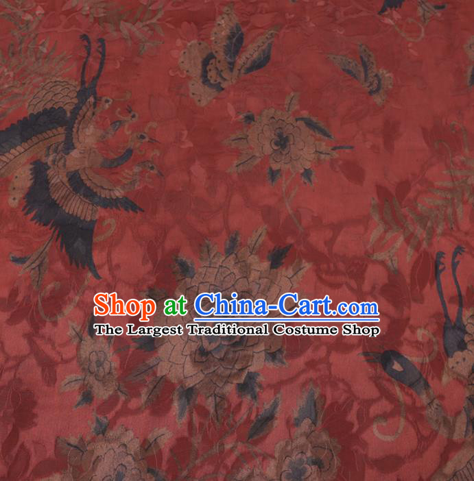 Chinese Classical Crane Peony Pattern Design Purplish Red Gambiered Guangdong Gauze Fabric Asian Traditional Cheongsam Silk Material