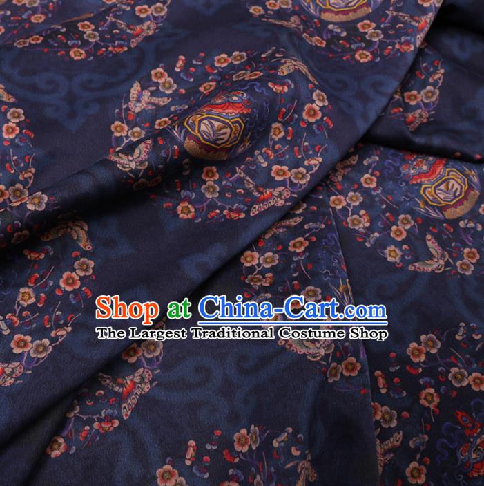 Chinese Classical Printing Plum Butterfly Pattern Design Navy Gambiered Guangdong Gauze Fabric Asian Traditional Cheongsam Silk Material