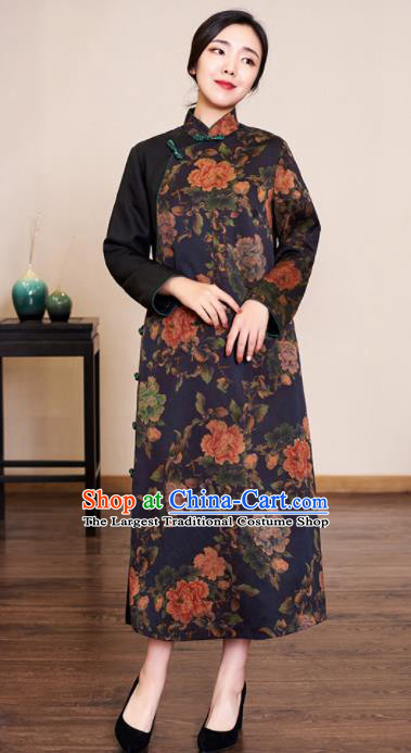 Traditional Chinese Graceful Printing Peony Navy Cheongsam Silk Qipao Dress for Women
