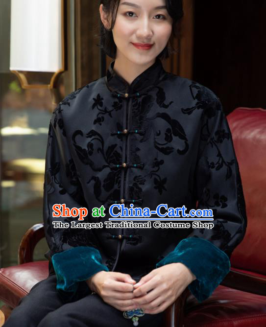 Top Grade Traditional Chinese National Embroidered Black Velvet Cotton Wadded Jacket Tang Suit Silk Upper Outer Garment for Women