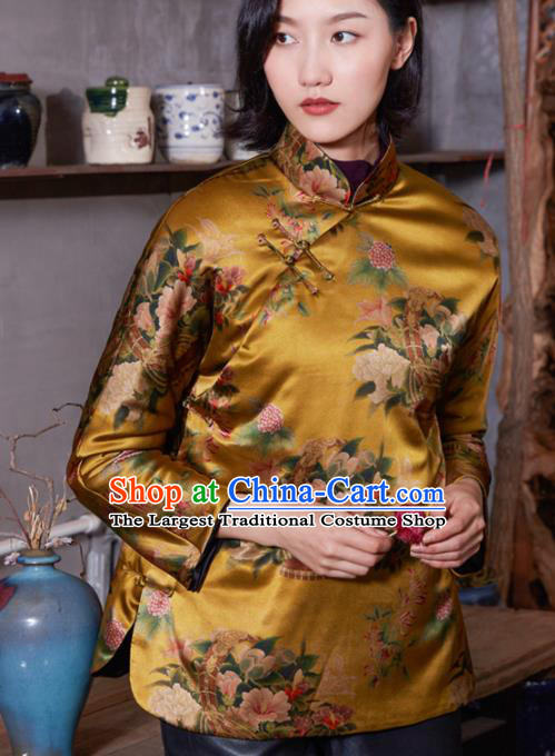 Top Grade Traditional Chinese National Printing Golden Silk Jacket Tang Suit Upper Outer Garment for Women