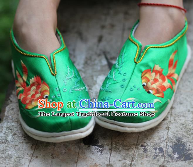 Chinese Handmade Embroidered Goldfish Green Shoes Hanfu Shoes Traditional National Shoes for Women