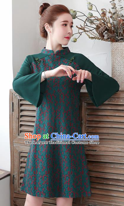 Chinese Traditional Deep Green Cheongsam Costume China National Qipao Dress for Women
