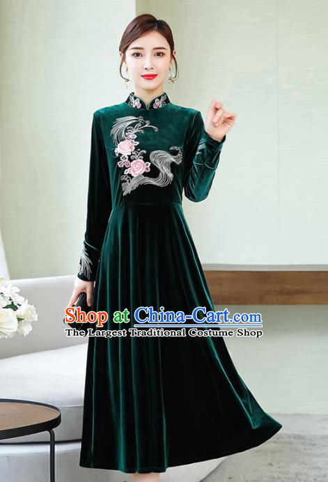 Chinese Traditional Embroidered Deep Green Velvet Cheongsam Costume China National Qipao Dress for Women