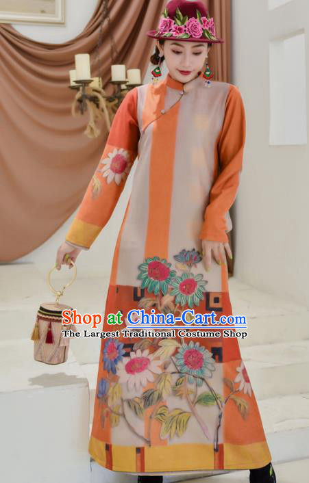 Chinese Traditional Compere Printing Orange Suede Fabric Cheongsam Costume China National Qipao Dress for Women