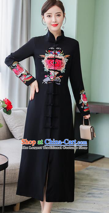 Chinese Traditional Embroidered Peony Black Front Opening Cheongsam Costume China National Qipao Dress for Women