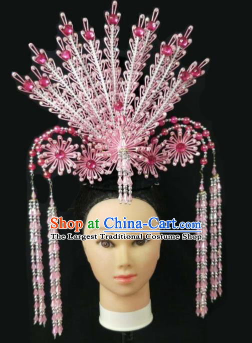 Chinese Traditional Peking Opera Queen Pink Phoenix Crown Hairpins Handmade Beijing Opera Diva Hair Accessories for Women
