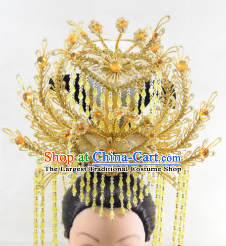 Chinese Traditional Peking Opera Queen Yellow Beads Tassel Phoenix Crown Handmade Ancient Court Lady Hair Accessories for Women