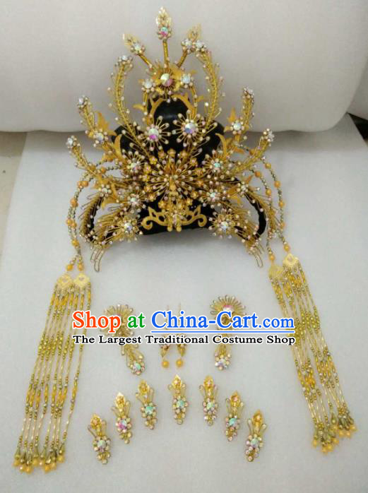 Chinese Traditional Peking Opera Golden Hairpins Phoenix Coronet Handmade Beijing Opera Diva Hair Accessories for Women