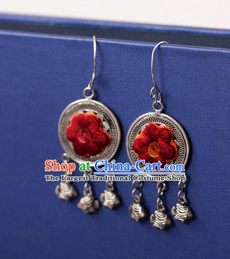 Chinese Traditional Miao Nationality Embroidered Silver Earrings Handmade Ethnic Ear Accessories for Women