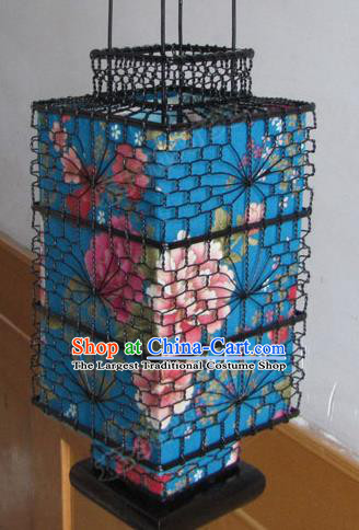Chinese Outdoor Classical Printing Peony Blue Quadrate Palace Lantern Traditional Handmade Ironwork Ceiling Lamp
