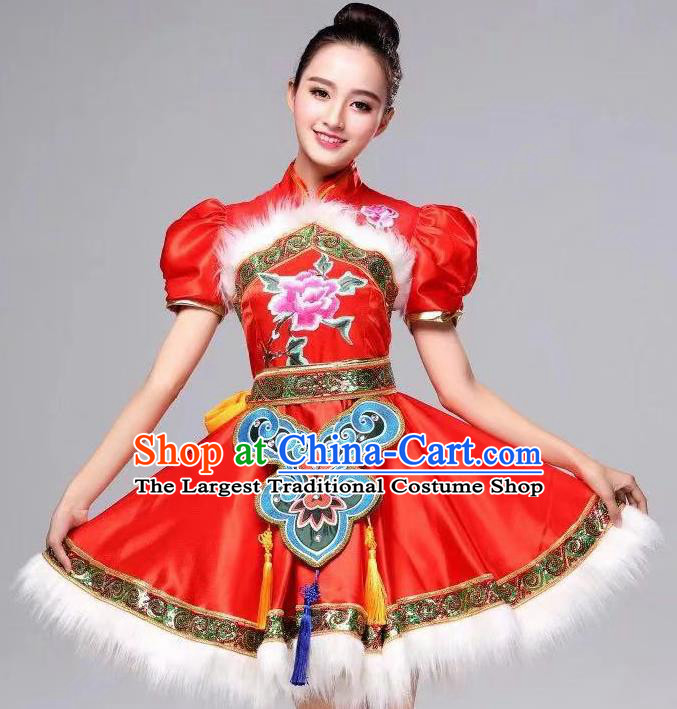 Chinese Traditional Folk Dance Red Dress Yanko Dance Costume for Women