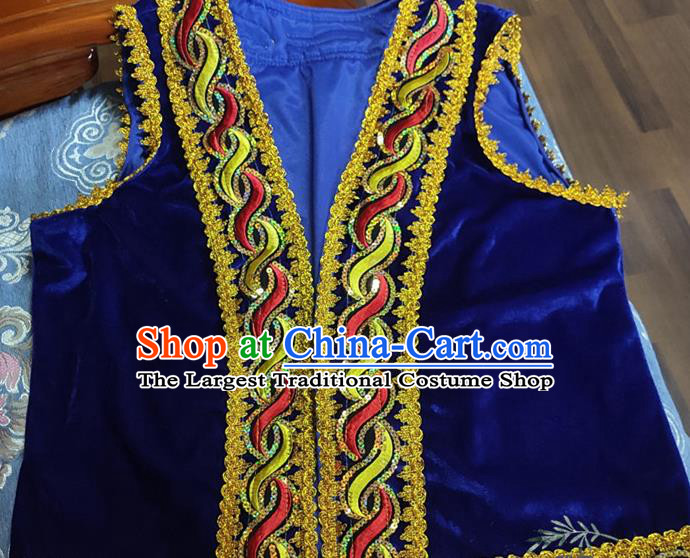 Chinese Traditional Uyghur Nationality Royalblue Vest Ethnic Folk Dance Stage Show Costume for Men