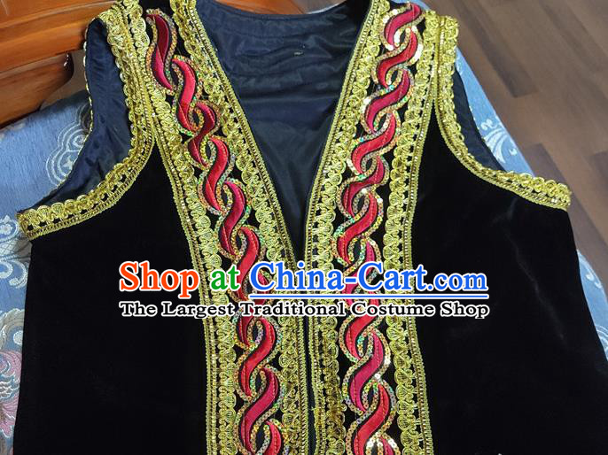 Chinese Traditional Uyghur Nationality Black Vest Ethnic Folk Dance Stage Show Costume for Men