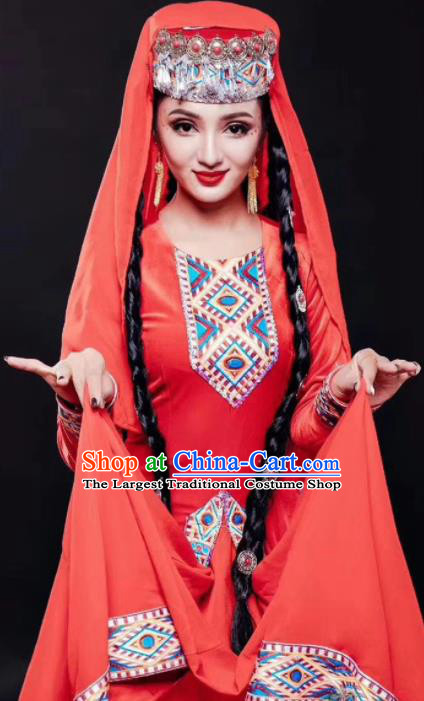 Chinese Traditional Tajik Nationality Dance Red Dress Xinjiang Ethnic Stage Show Costume for Women