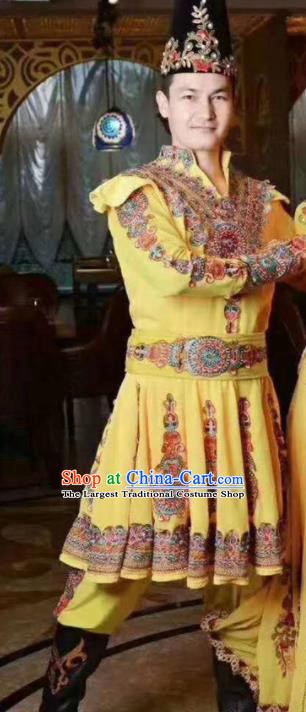 Chinese Traditional Uyghur Nationality Yellow Outfits Xinjiang Ethnic Folk Dance Stage Show Costume for Men